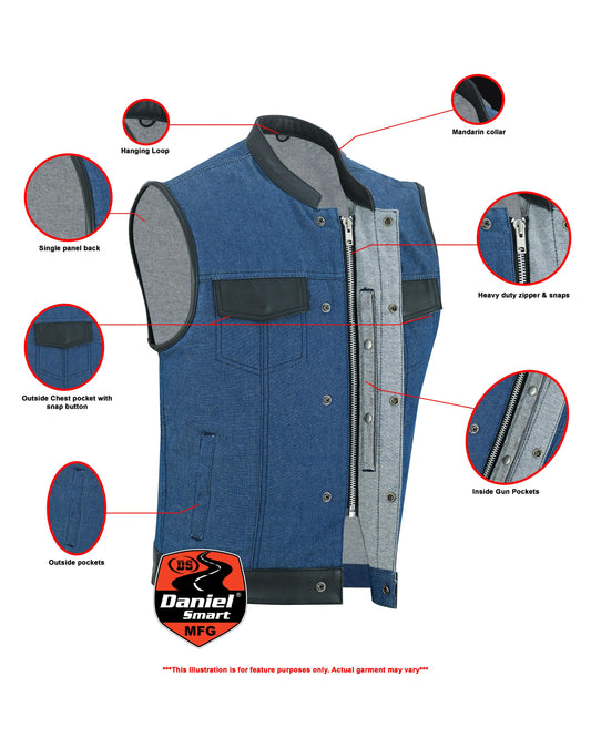 Men's Upgraded Broken Blue Denim Motorcycle Vest w/Leather Trimming