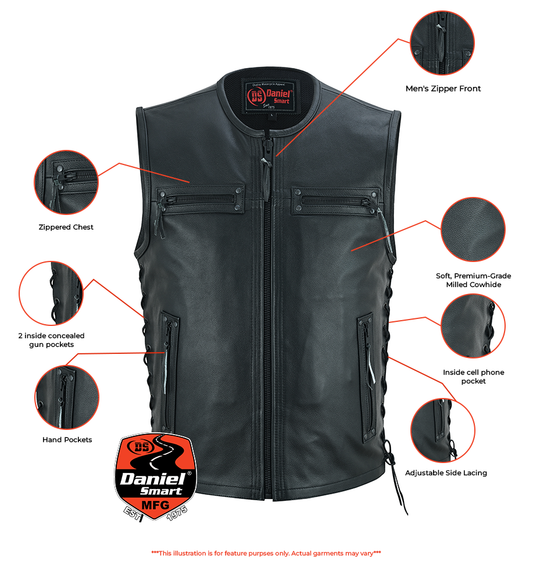 Men's Zipper Front Black Leather Motorcycle Vest