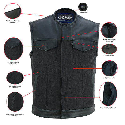 Men's Leather-Denim Combo Motorcycle Vest - No Collar