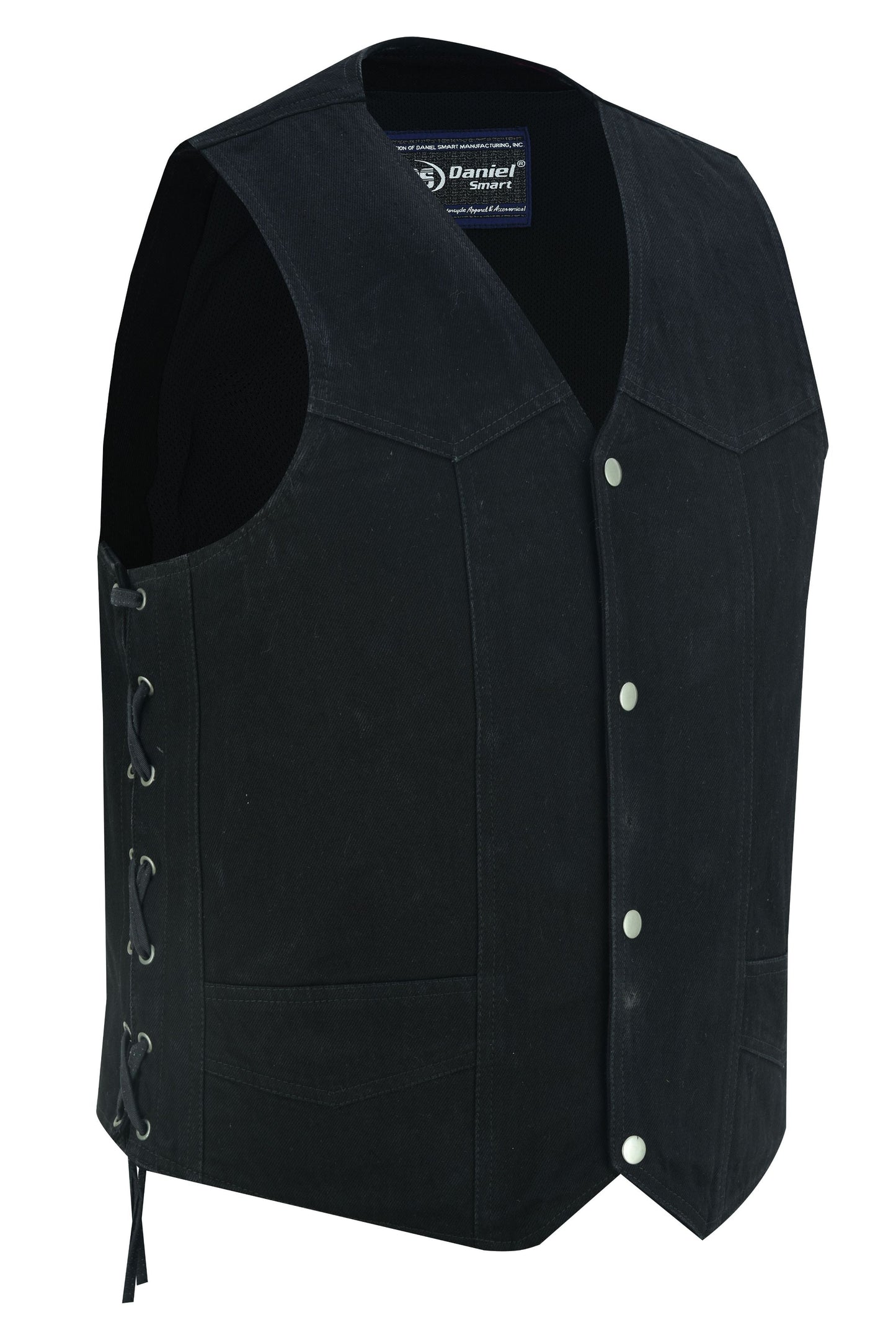 Men's Traditional Denim Motorcycle Vest with Side Laces – Smart Access Pockets