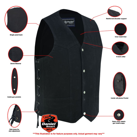 Men's Traditional Denim Motorcycle Vest with Side Laces – Smart Access Pockets