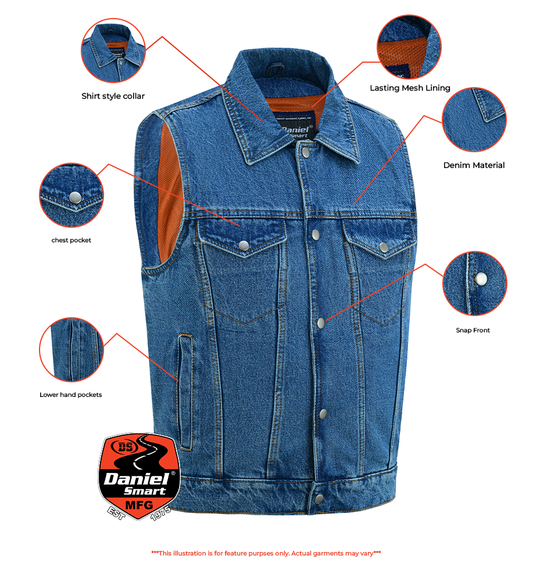 Men's Snap Front Blue Denim Motorcycle Vest