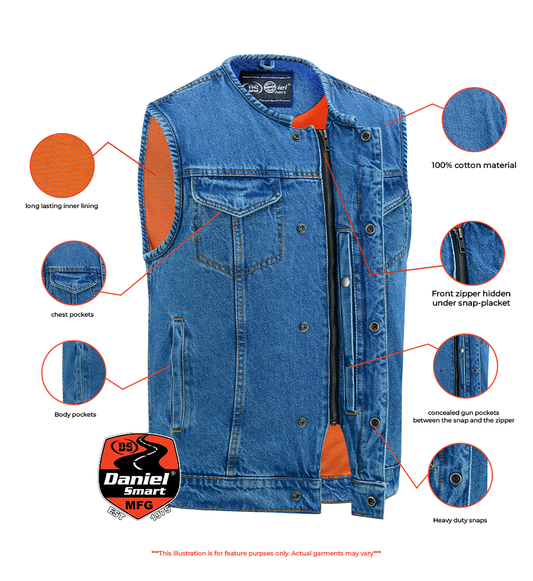 Mens Blue Denim Motorcycle Vest with Concealed Snaps & Zipper