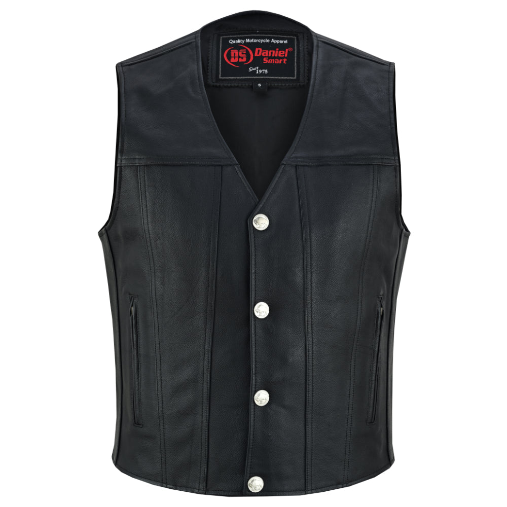 Buffalo Nickel Black Leather Vest for Men - Customizable Back & Satin Liner