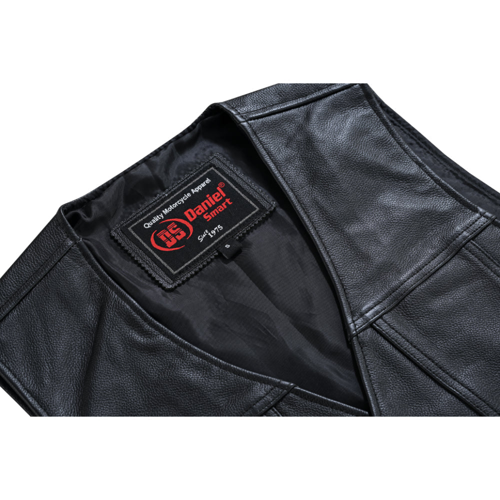 Buffalo Nickel Black Leather Vest for Men - Customizable Back & Satin Liner