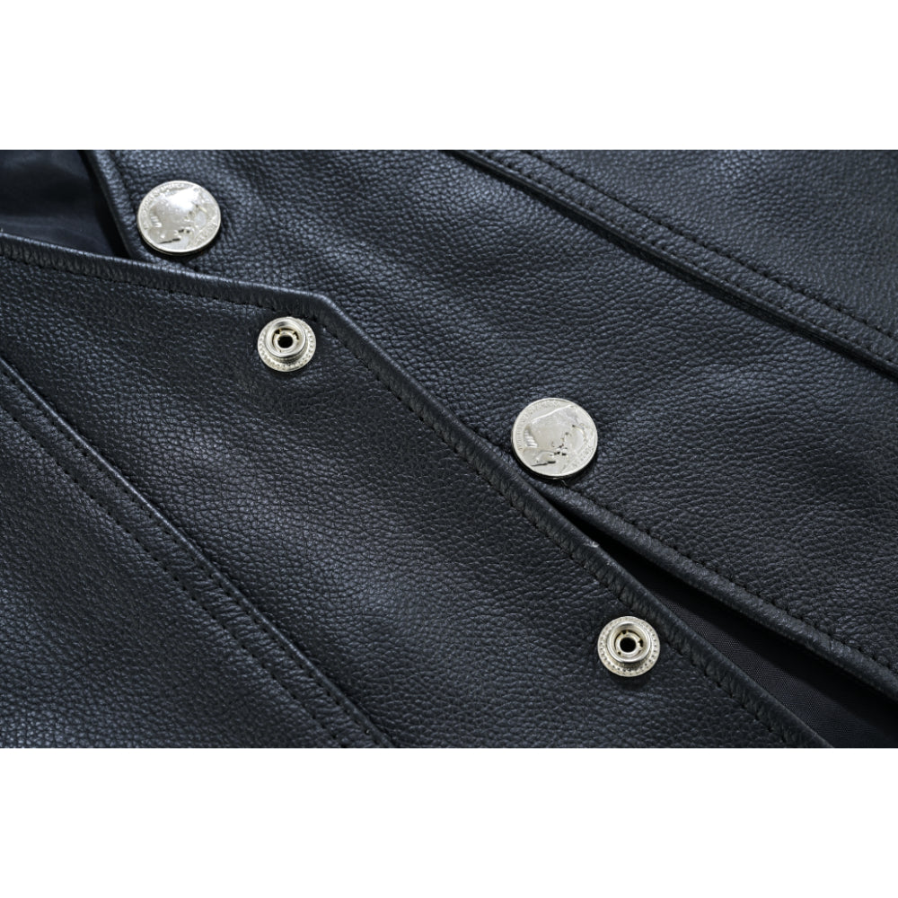 Buffalo Nickel Black Leather Vest for Men - Customizable Back & Satin Liner