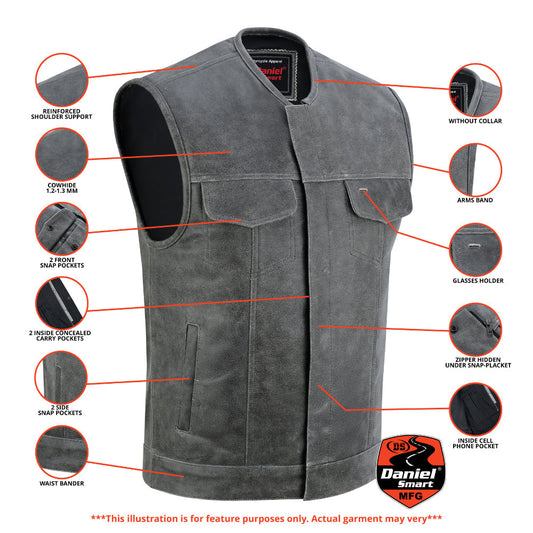 Men's Distressed Gray Cowhide Leather Motorcycle Vest