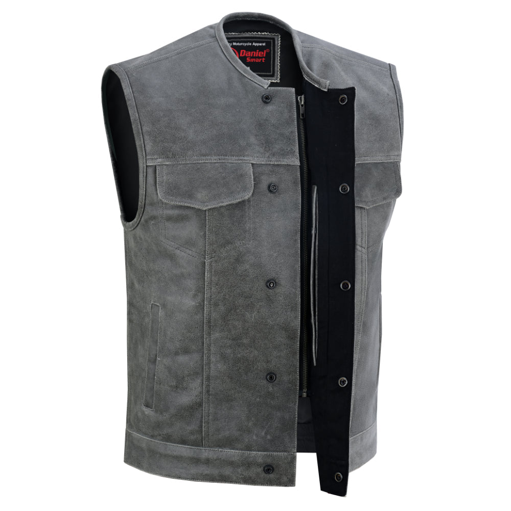 Men's Distressed Gray Cowhide Leather Motorcycle Vest