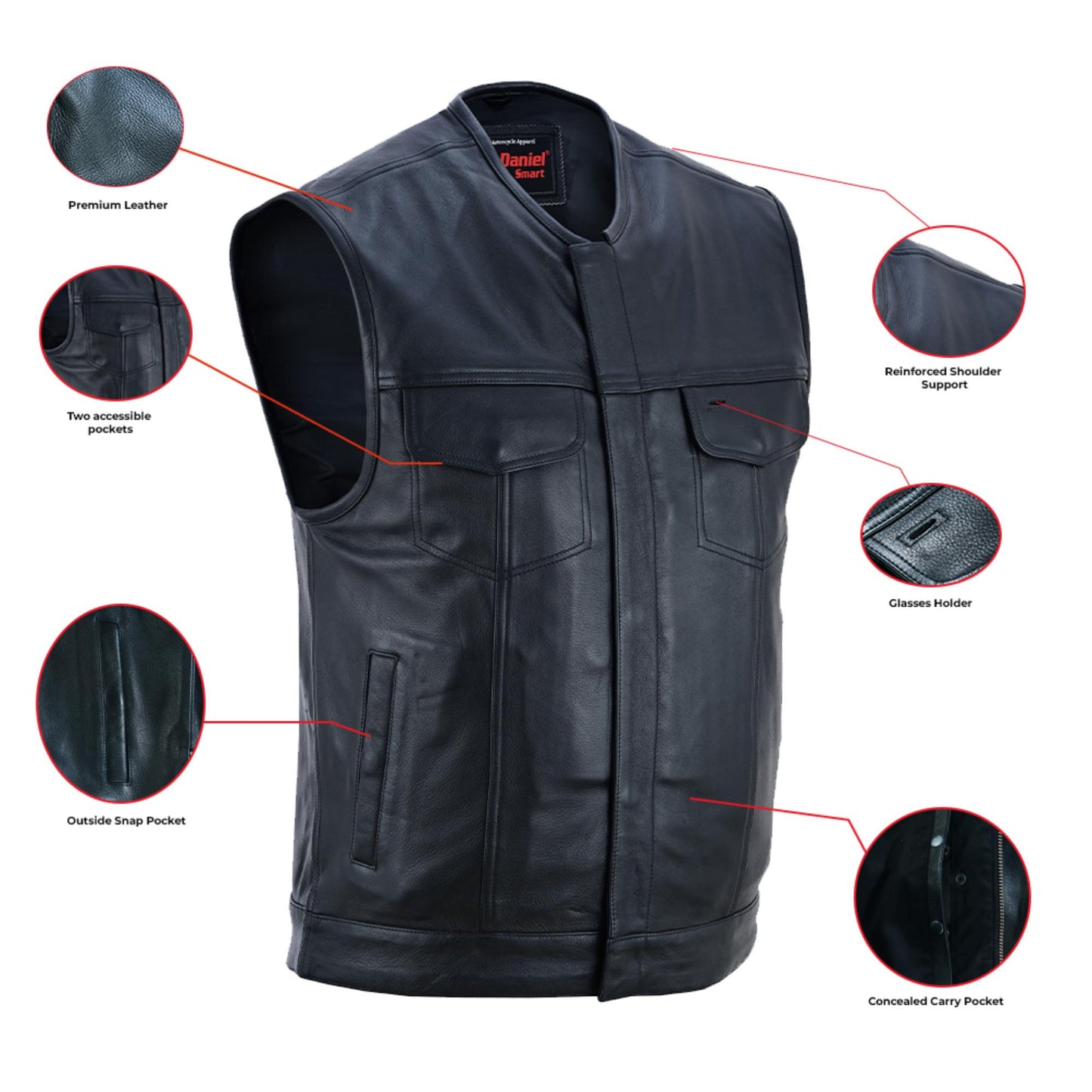 Men's Titan Black Leather Vest - Milled Cowhide, Hidden Zipper