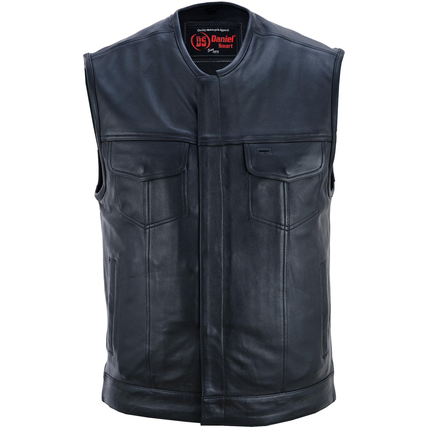 Men's Titan Black Leather Vest - Milled Cowhide, Hidden Zipper