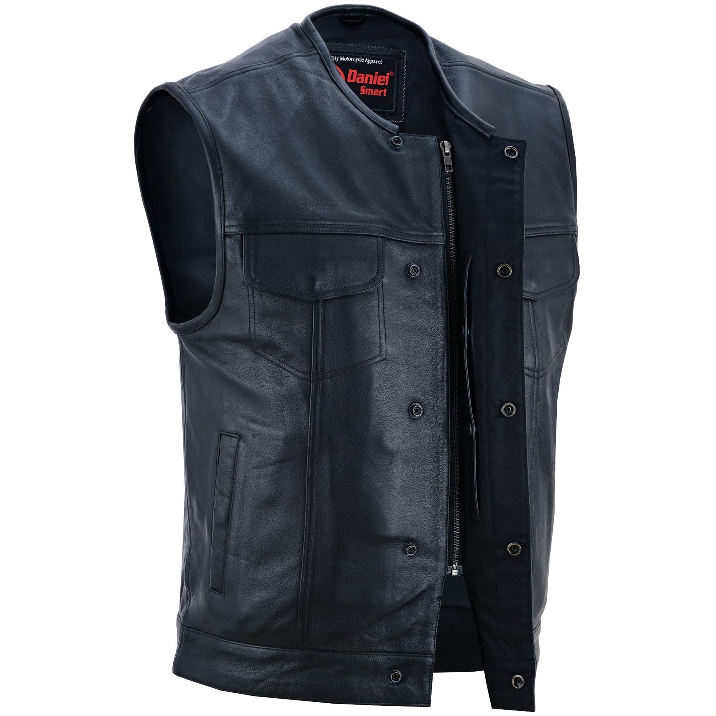 Men's Titan Black Leather Vest - Milled Cowhide, Hidden Zipper