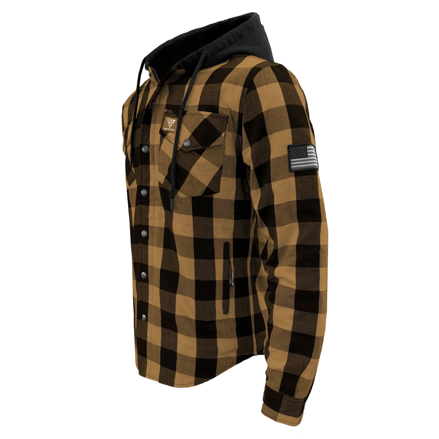 Protective Flannel Hoodie For Men - Camel and Black Checkered with Pads