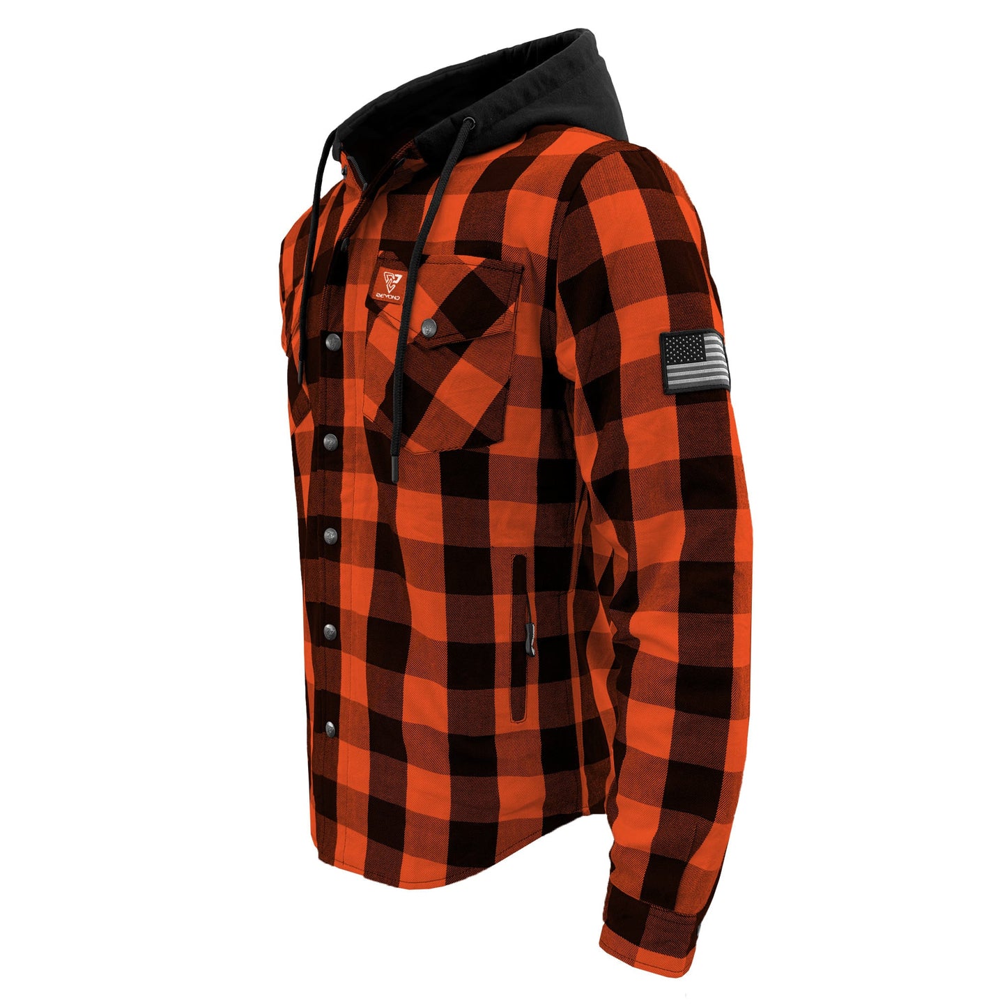Protective Flannel Hoodie For Men - Orange and Black Checkered with Pads