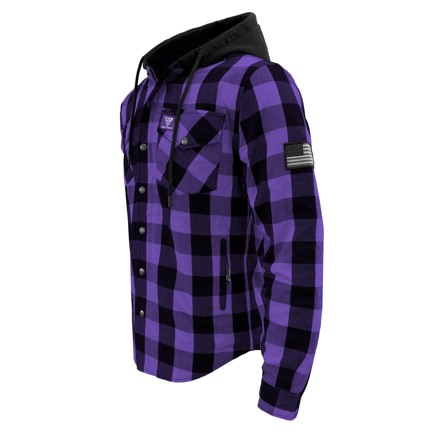 Protective Flannel Hoodie For Men - Purple and Black Checkered with Pads