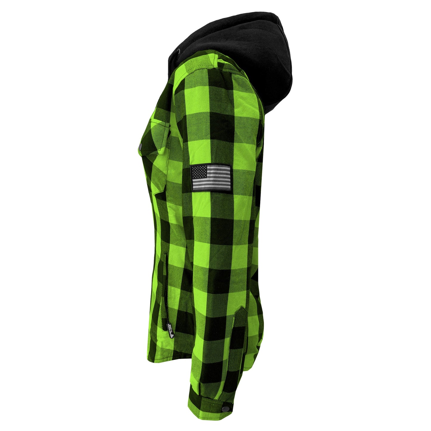 Protective Flannel Hoodie for Women - Green and Black Checkered with Pads