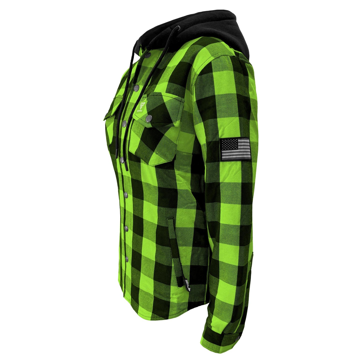 Protective Flannel Hoodie for Women - Green and Black Checkered with Pads