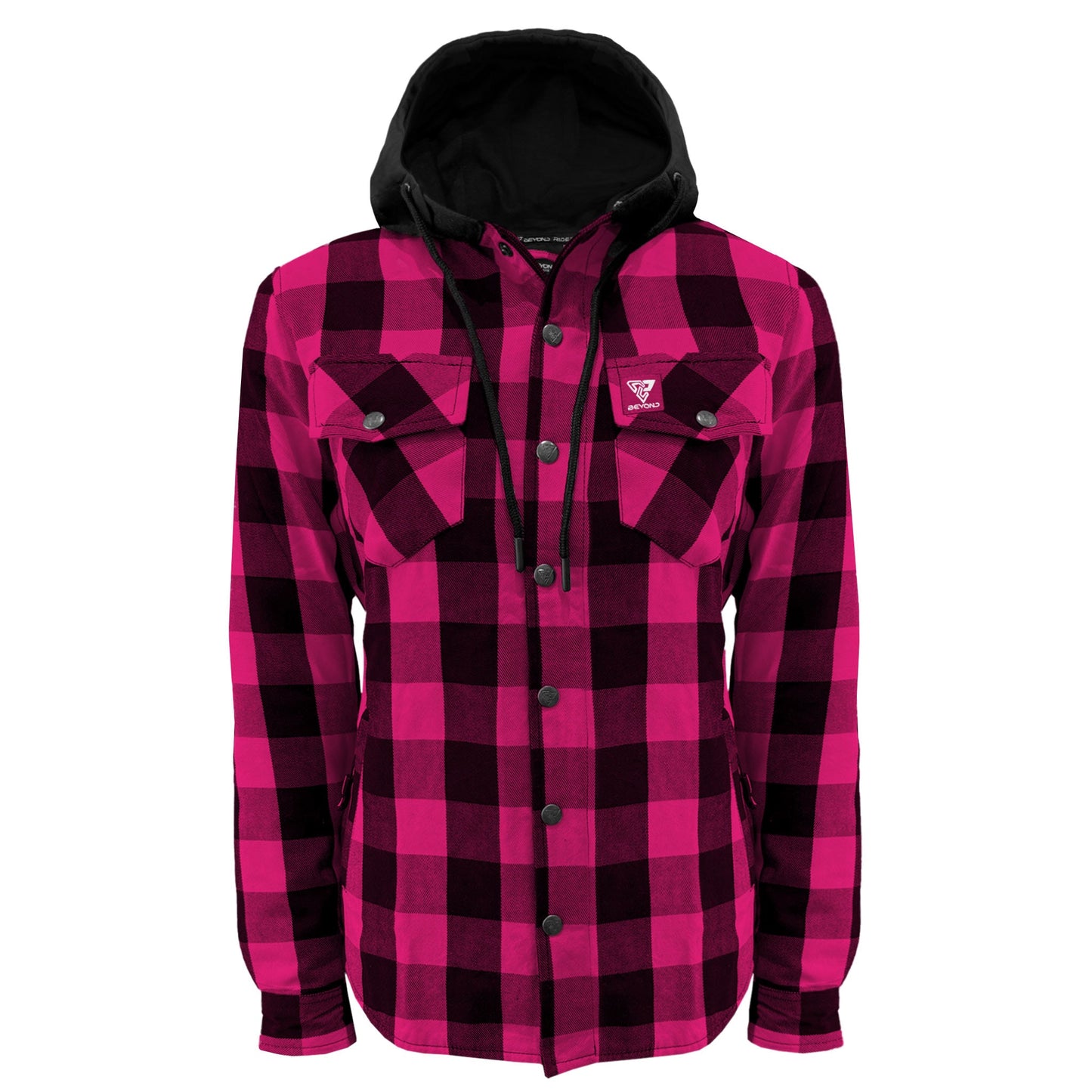 Protective Flannel Hoodie for Women - Pink and Black Checkered with Pads