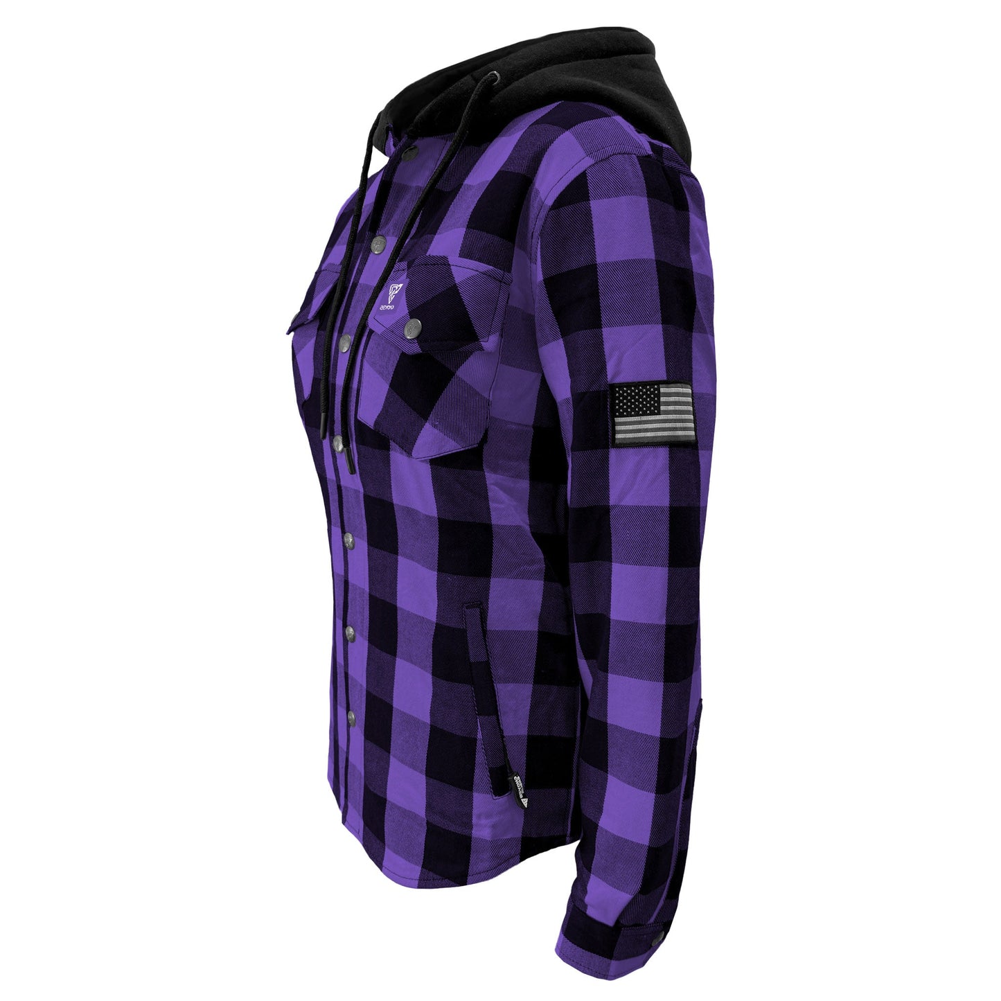 Protective Flannel Hoodie for Women - Purple and Black Checkered with Pads