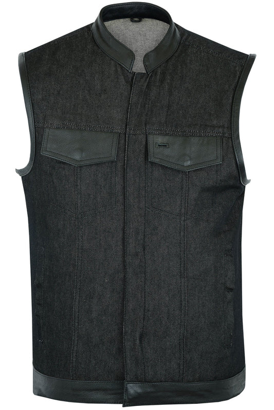 Men's Upgraded Rough Rub-Off Denim Motorcycle Vest w/Leather Trim