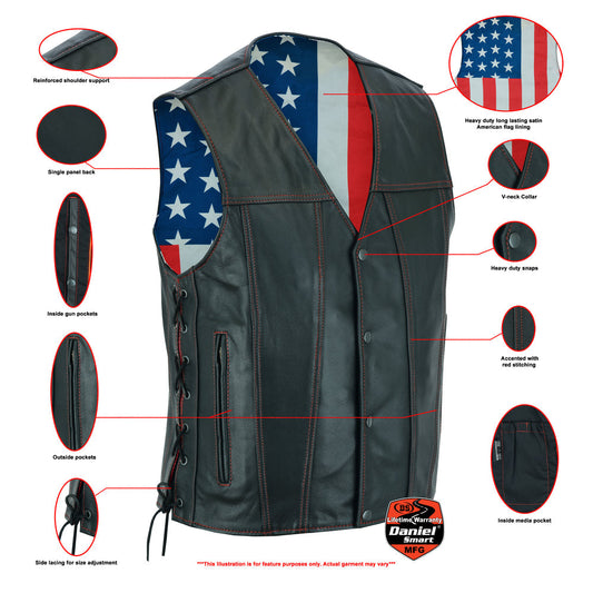 Men's Honor Ride Black Leather Motorcycle with Vest Red Stitching