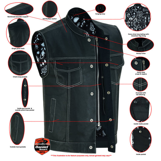 Men's Paisley Black Leather Motorcycle Vest with White Stitching