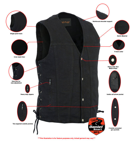 Men's Black Denim Motorcycle Vest – Single Panel Back