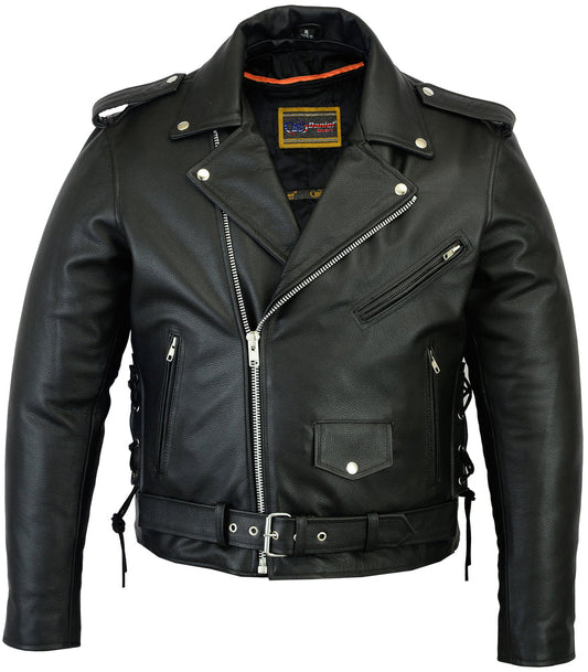 Men's Classic Side Lace Police Black Leather Motorcycle Jacket