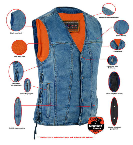 Men's Blue Denim Motorcycle Vest with Lace & Pockets