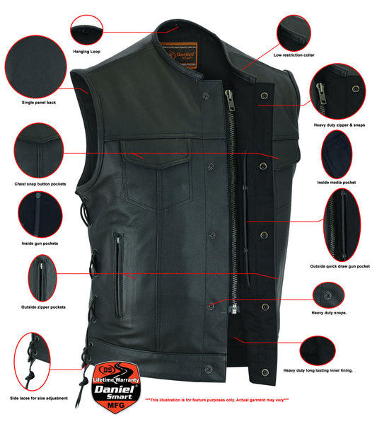 Men's Combat Black motorcycle Leather Vest - Gun Pockets & Side Laces