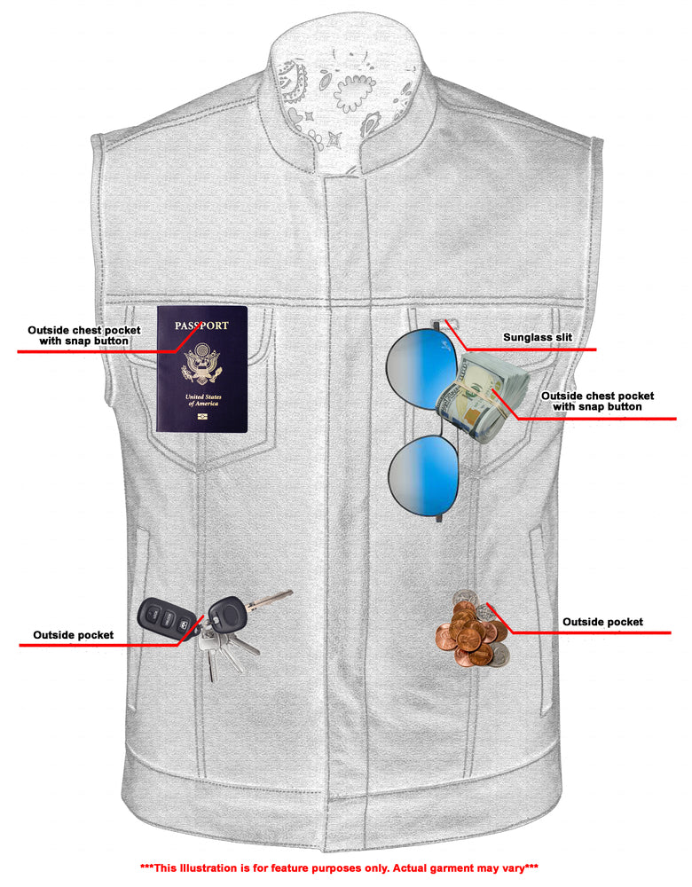 Men's Paisley Black Leather Motorcycle Vest with White Stitching