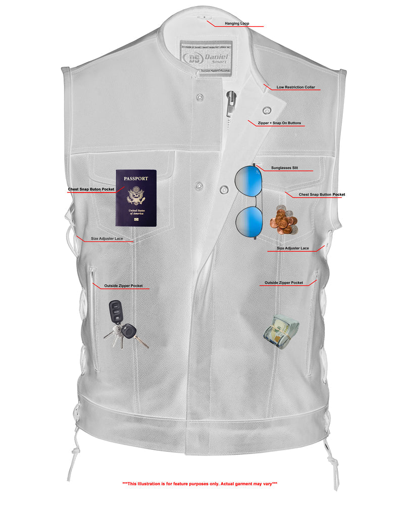 Men's Combat Black motorcycle Leather Vest - Gun Pockets & Side Laces