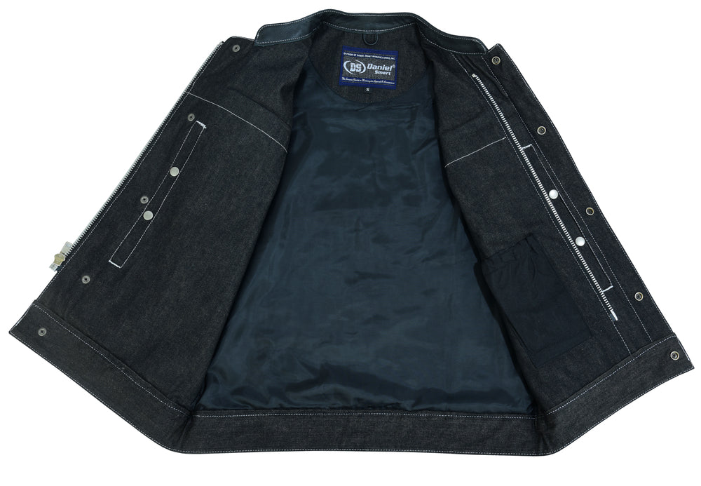 Men's Leather-Denim Combo Motorcycle Vest w/ Scoop Collar