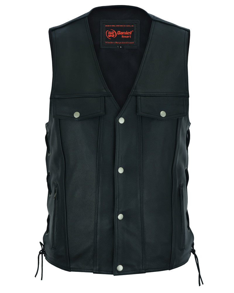 Men's Black Leather Vest with Side Laces and Smart Access Pockets