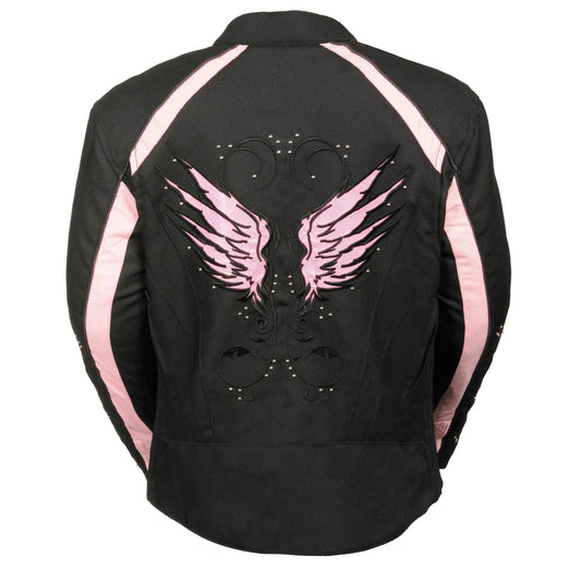 Milwaukee Leather SH1954 Women's Black and Pink Textile Jacket with Stud and Wings Detailing