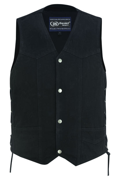Men's Traditional Denim Motorcycle Vest with Side Laces – Smart Access Pockets
