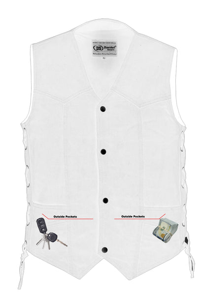 Men's Traditional Denim Motorcycle Vest with Side Laces – Smart Access Pockets