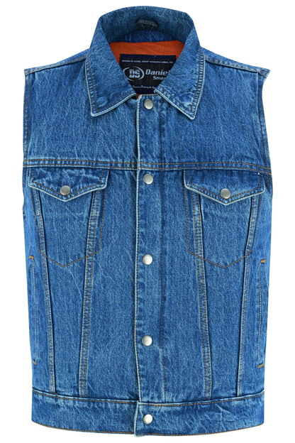 Blue Men's  denim motorcycle vest with Snap/Zipper Front