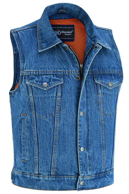 Blue Men's  denim motorcycle vest with Snap/Zipper Front