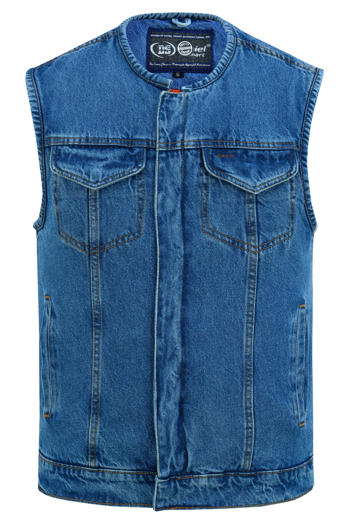 Mens Blue Denim Motorcycle Vest with Concealed Snaps & Zipper