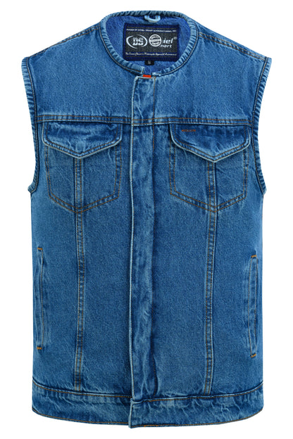 Mens Blue Denim Motorcycle Vest with Concealed Snaps & Zipper