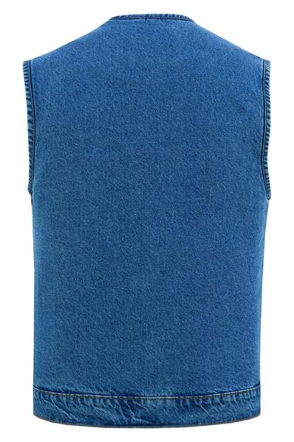 Mens Blue Denim Motorcycle Vest with Concealed Snaps & Zipper