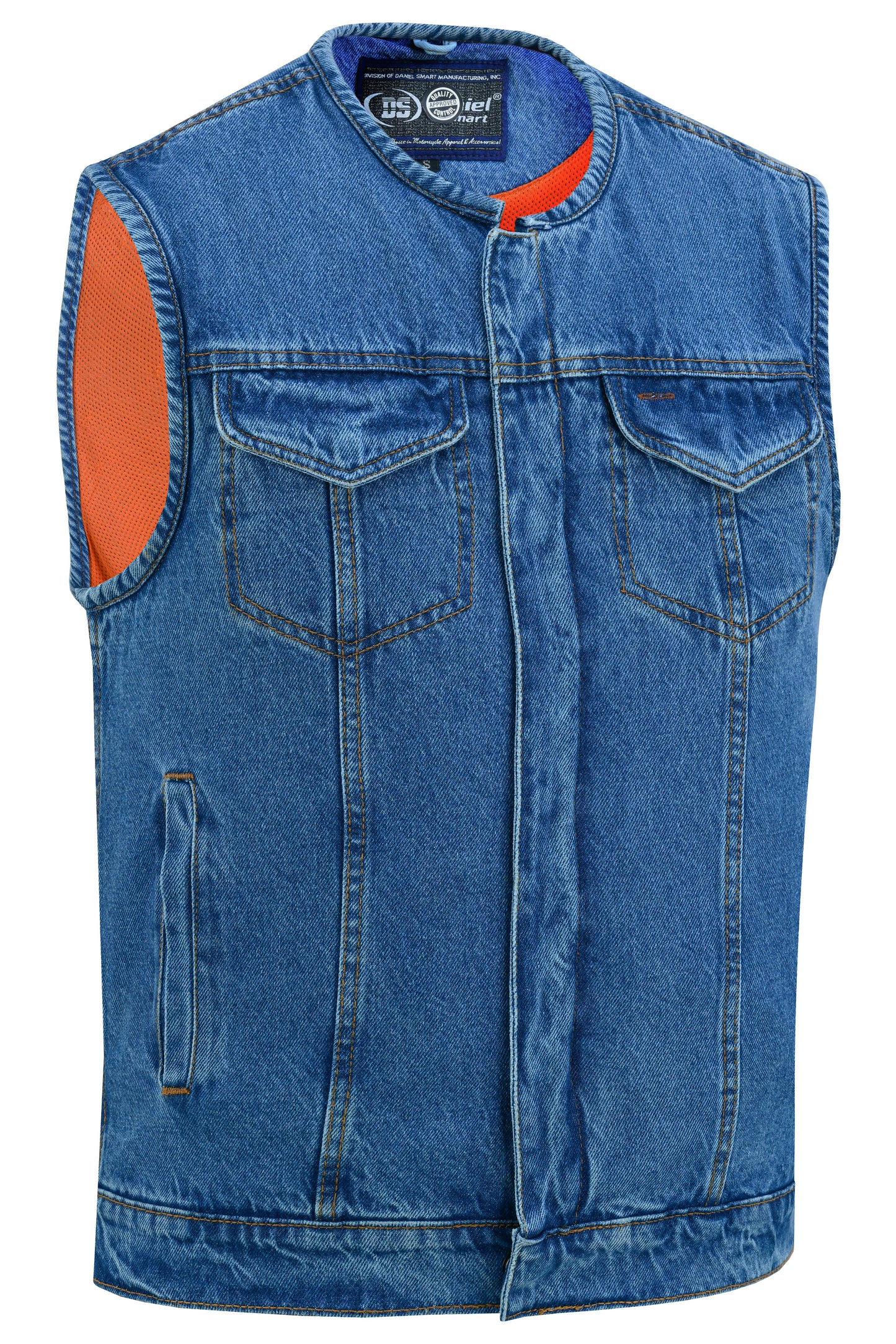 Mens Blue Denim Motorcycle Vest with Concealed Snaps & Zipper