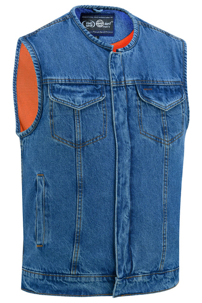 Mens Blue Denim Motorcycle Vest with Concealed Snaps & Zipper