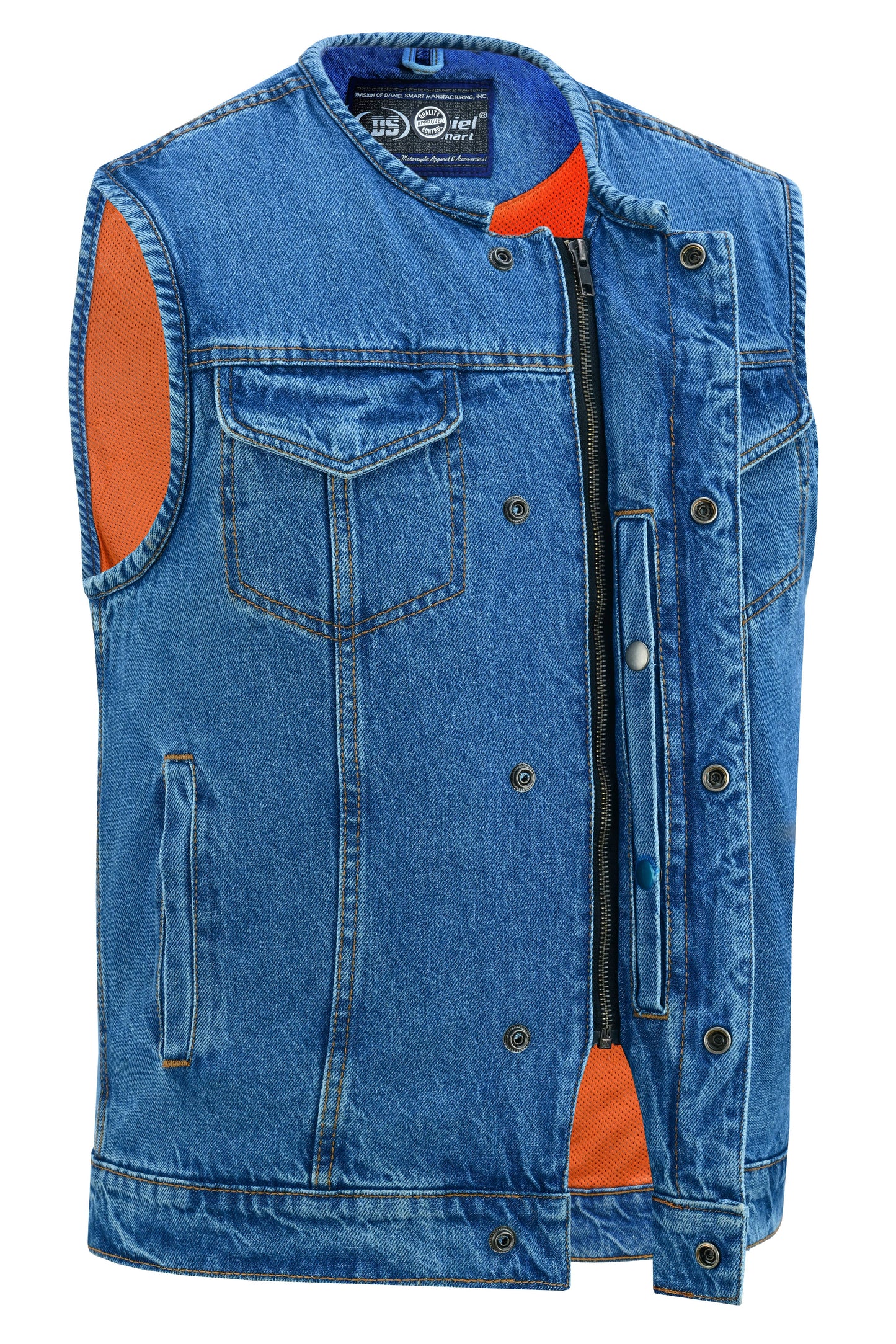 Mens Blue Denim Motorcycle Vest with Concealed Snaps & Zipper