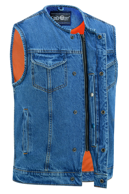 Mens Blue Denim Motorcycle Vest with Concealed Snaps & Zipper