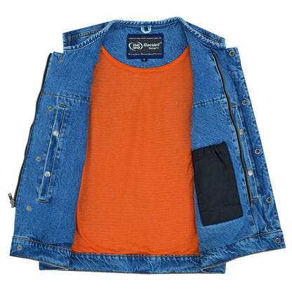 Mens Blue Denim Motorcycle Vest with Concealed Snaps & Zipper