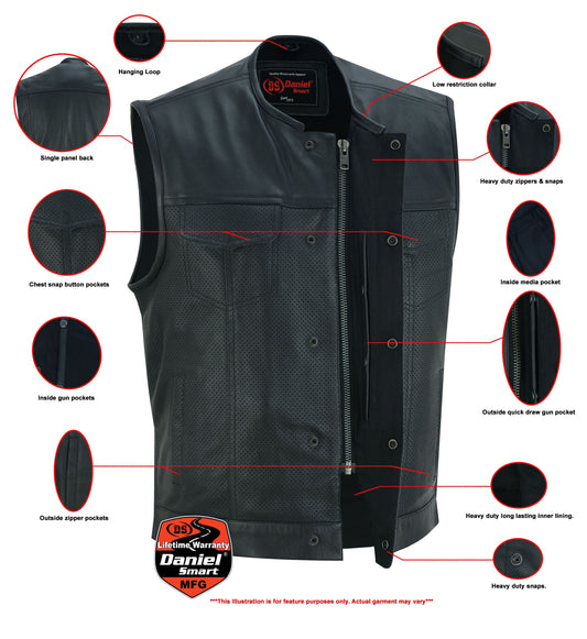 Men's Collarless Perforated Leather Vest - Black