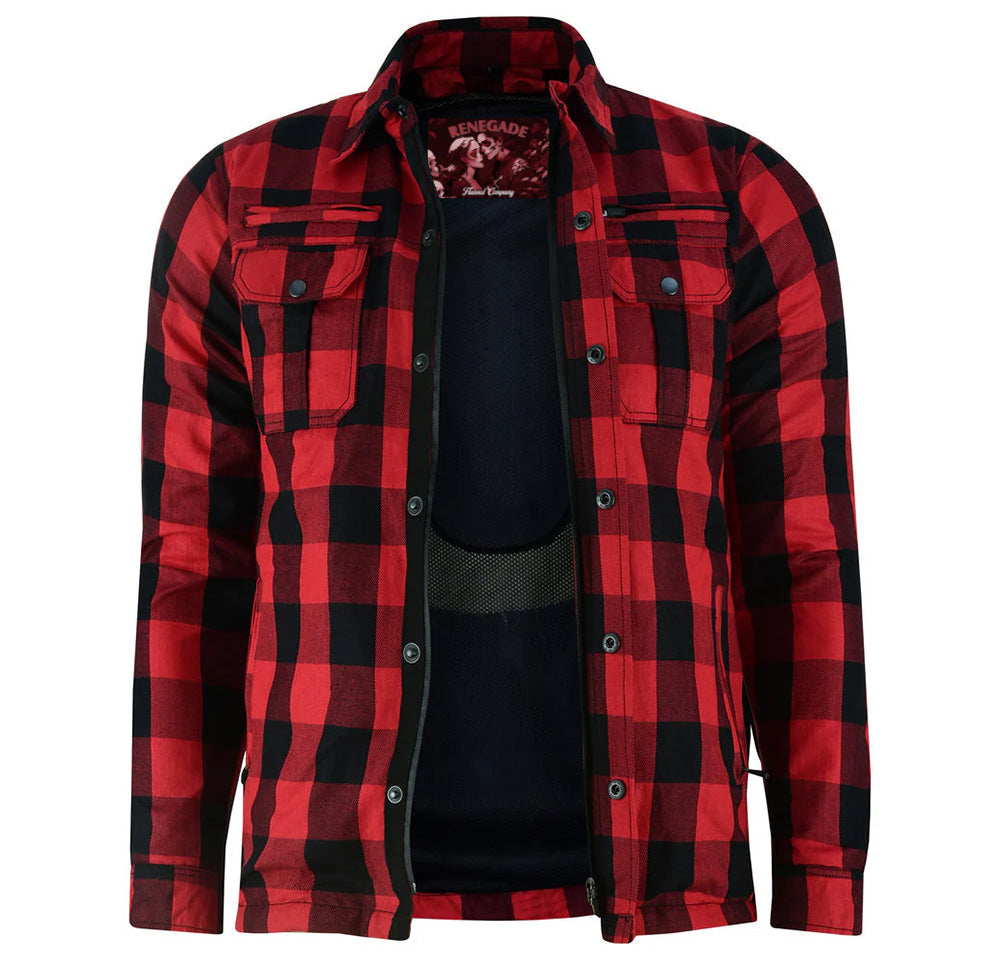 Alpha Check Men's  Armored Motorcycle Flannel Shirt - Red/Black