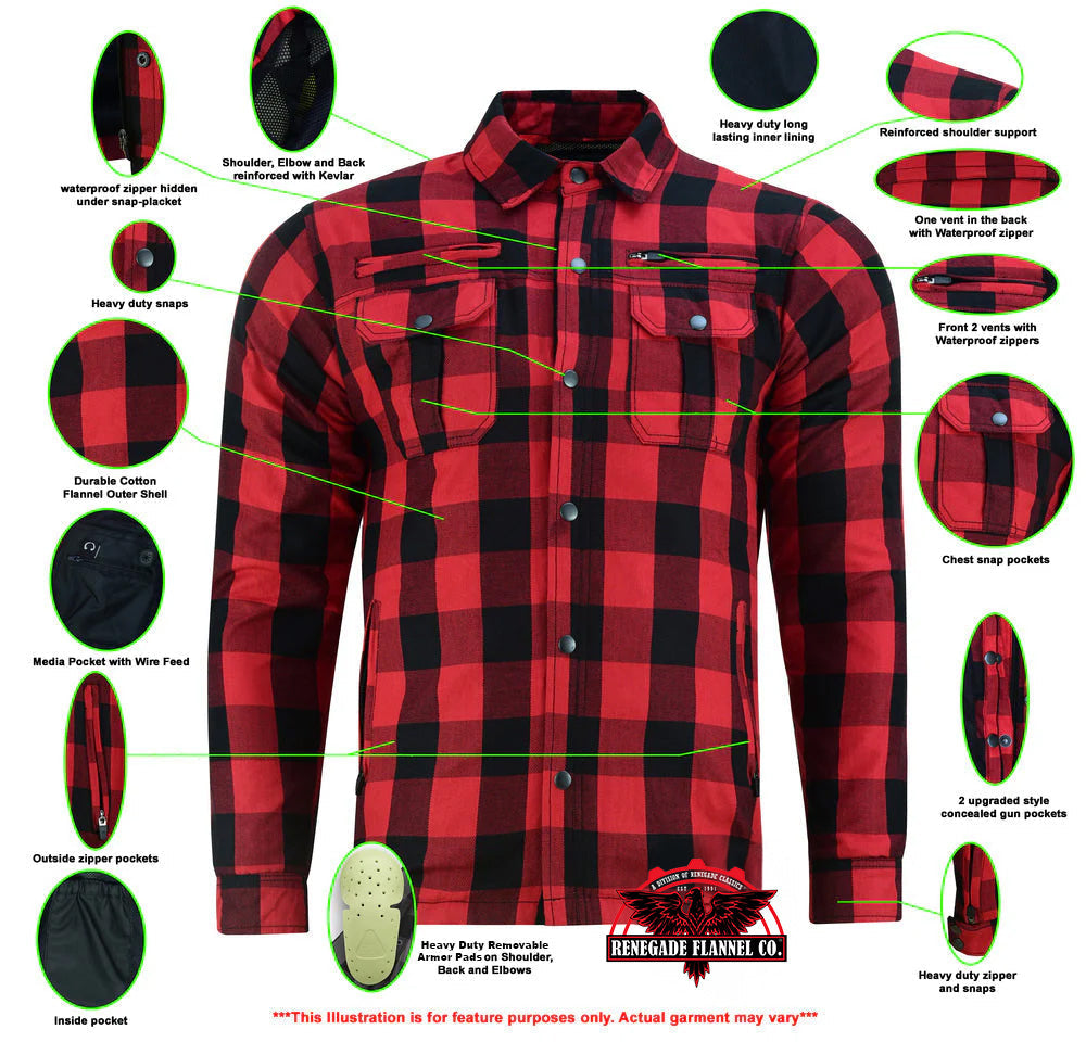 Alpha Check Men's  Armored Motorcycle Flannel Shirt - Red/Black