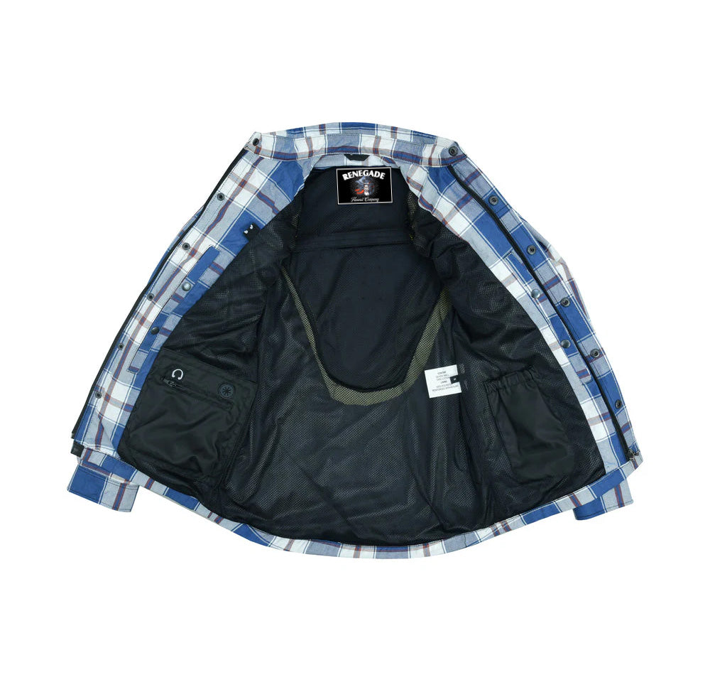 Alpha Check Men's  Armored Motorcycle Flannel Shirt - Blue/White/Maroon